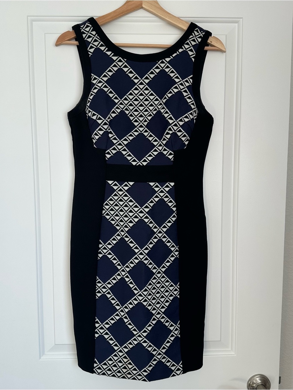 Trina Turk Navy and White Geometric Midi Sheath Dress